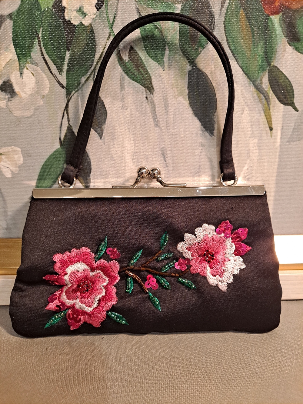 LaRegale Vintage Black Mini Satin Evening Clutch w/Pink Green Floral Embroidery